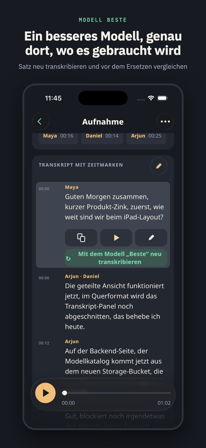 Mit dem Titel „Ein besseres Modell, genau dort, wo es gebraucht wird“: ein Satz mit einem markierten Wort, aufgeklappt zu seinen Aktionen, zuunterst die Taste „Mit Modell Beste neu transkribieren“.
