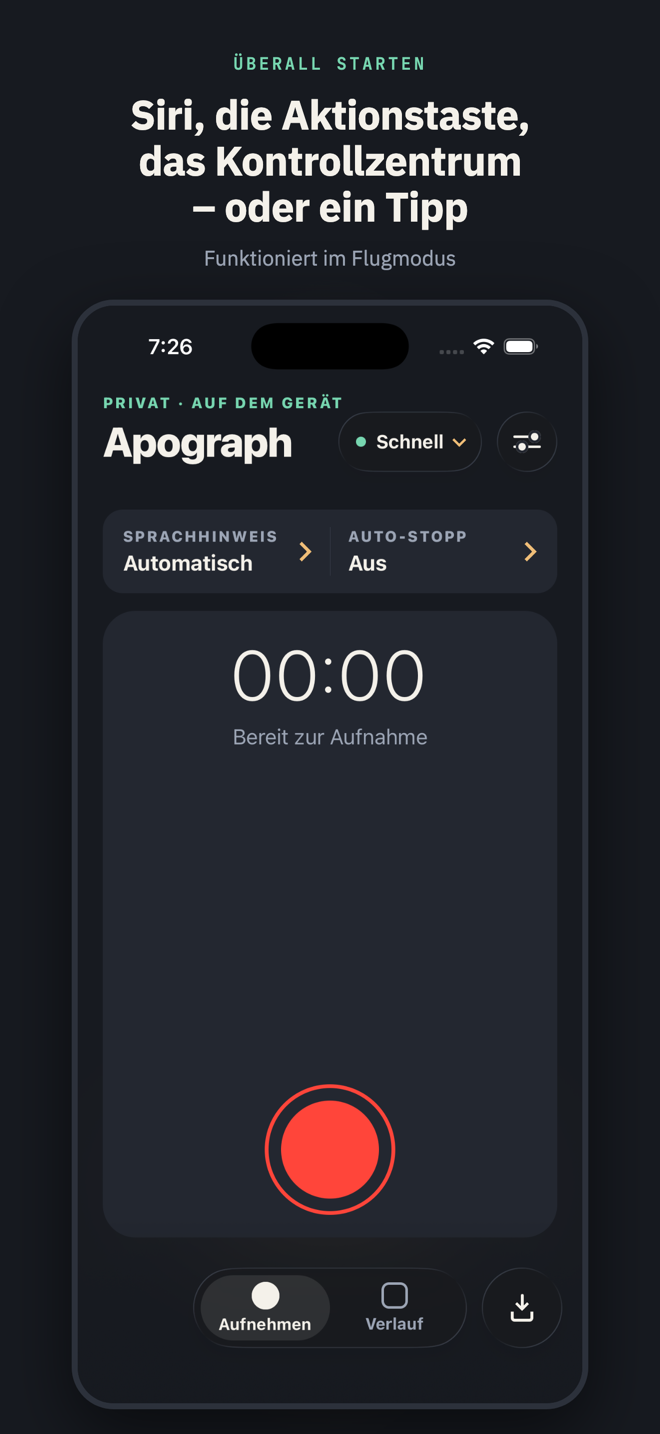 Mit dem Titel „Siri, die Aktionstaste, das Kontrollzentrum – oder ein Tipp“: der Aufnahmebildschirm bereit zur Aufnahme, mit der Modellkapsel und dem Sprachhinweis – alles funktioniert im Flugmodus.