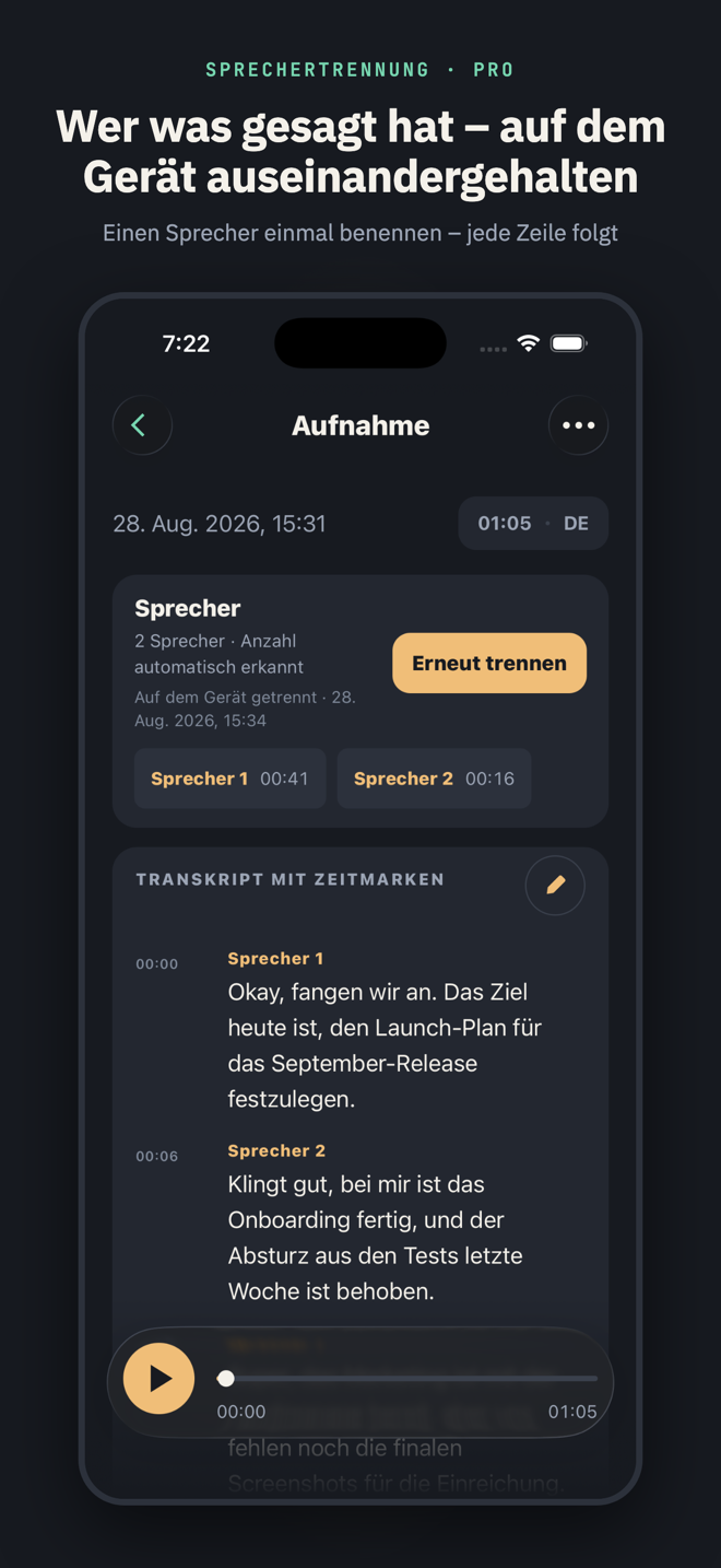 Mit dem Titel „Wer was gesagt hat – Stimmen auf dem Gerät auseinandergehalten“: das Sprecher-Panel mit „2 Sprecher · Anzahl automatisch erkannt“, den Chips Sprecher 1 und Sprecher 2 und dem beschrifteten Transkript darunter.