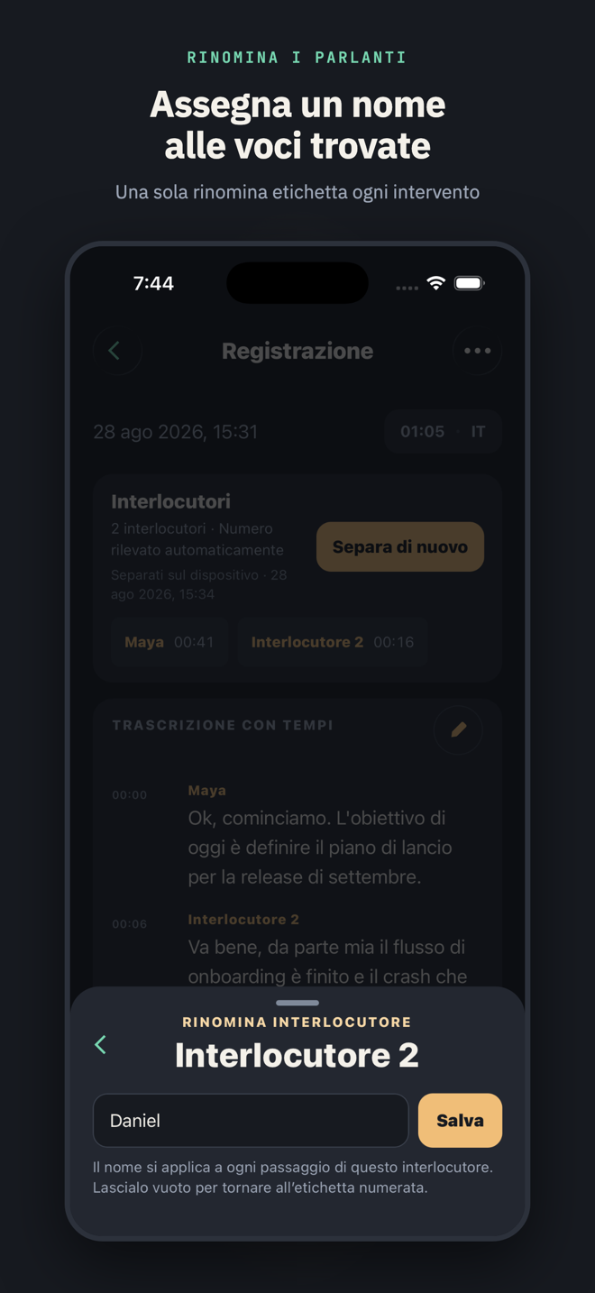 Intitolata “Assegna un nome alle voci trovate”: il foglio di rinomina aperto su Parlante 2 con “Daniel” digitato – una sola rinomina etichetta ogni intervento di quella voce.