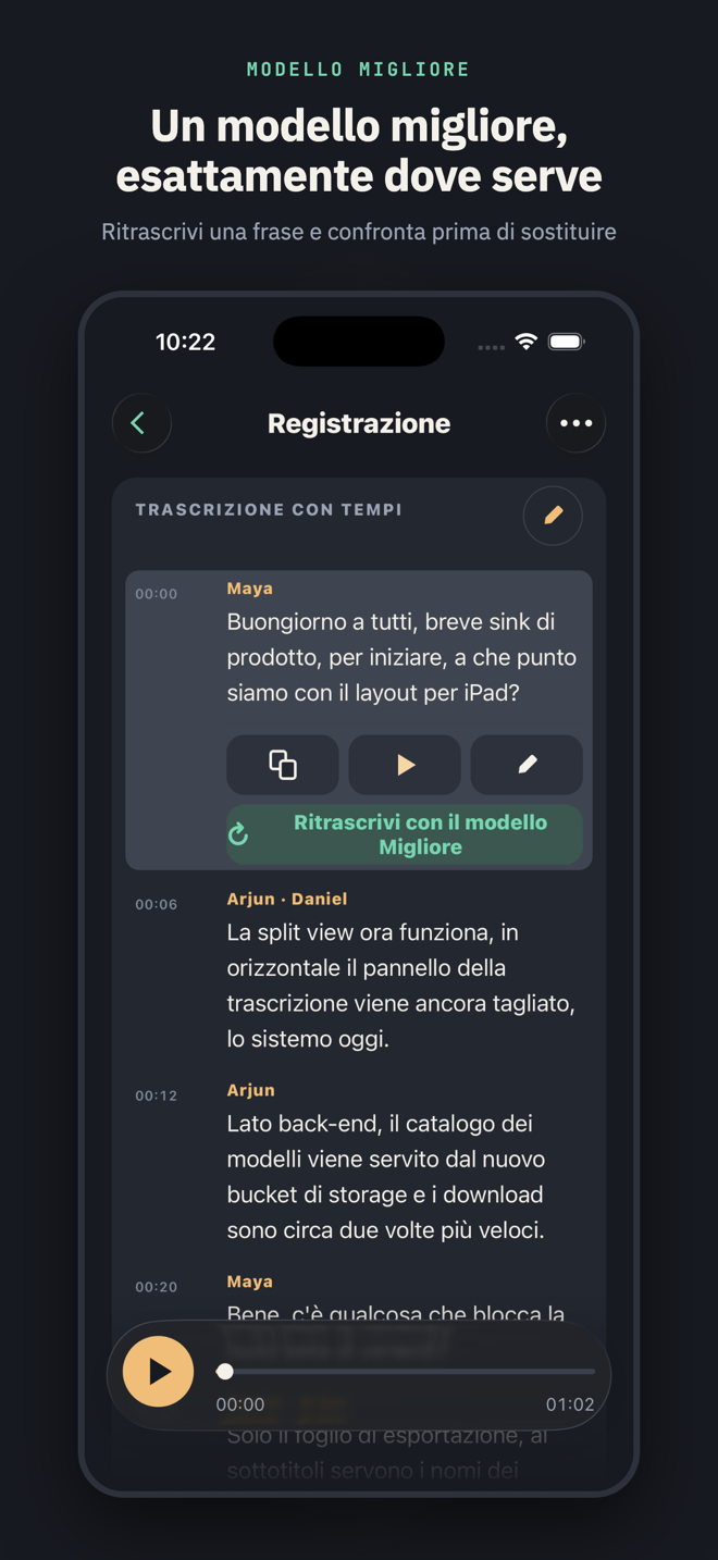 Intitolata “Un modello migliore, esattamente dove serve”: una frase con una parola segnalata espansa nelle sue azioni, che termina con il pulsante “Ritrascrivi con il modello Migliore”.