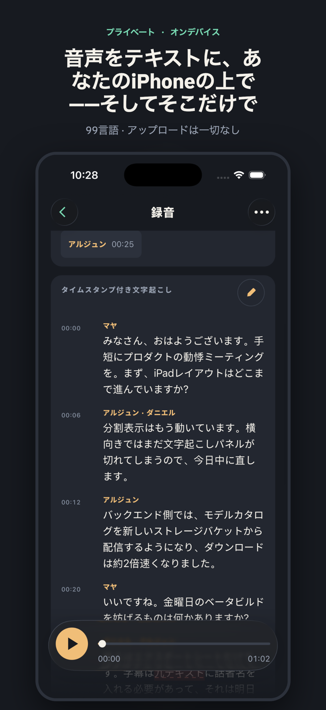 「音声をテキストに、あなたのiPhoneの上で——そしてそこだけで」と題されたスライド。名前の付いた話者が並ぶ3人の会議のタイムスタンプ付き文字起こしと、下部に固定されたプレーヤー。