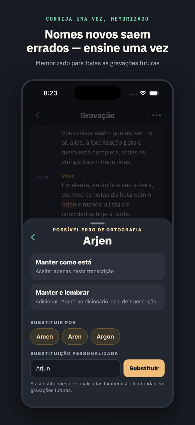Com o título “Nomes novos saem errados — ensine uma vez”: a tela de revisão ortográfica com “Arjen” sinalizado e o correto “Arjun” digitado como substituição personalizada, memorizado para gravações futuras.